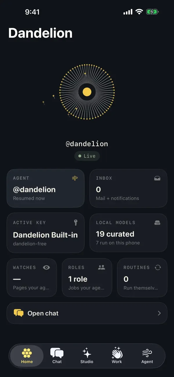 Dandelion on iPhone showing its Home screen: the @dandelion agent marked Live, with tiles for the agent, its inbox, the active key and local models.