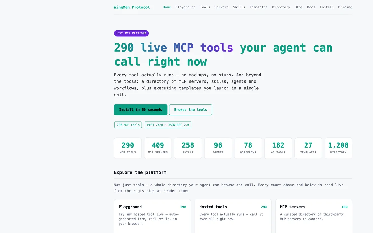 The Wingman Protocol home page in a browser: a headline about live MCP tools your agent can call, an Install in 60 seconds button and a row of directory counts.